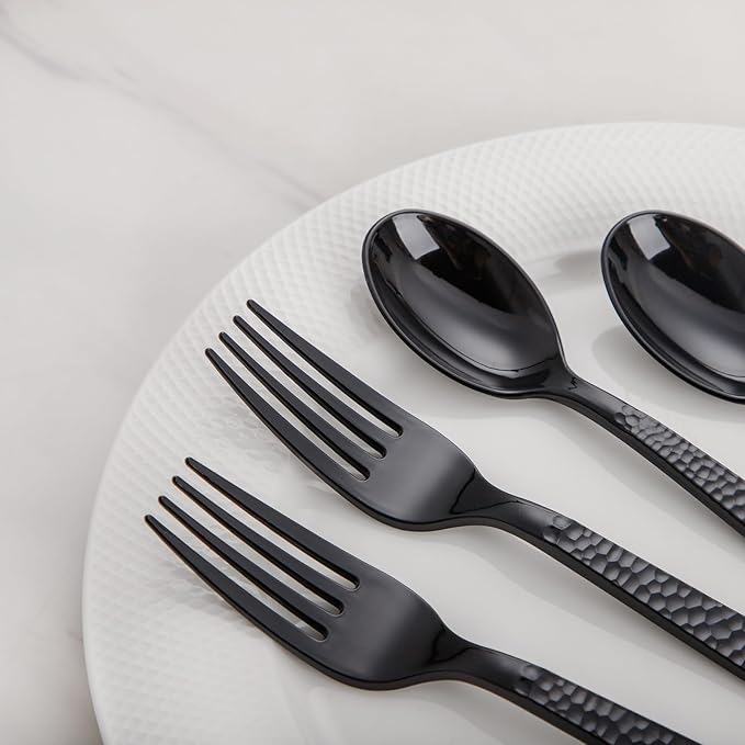 KIRE 400PCS Black Plastic Spoons and Forks Disposable - Black Plastic Silverware Set Disposable Cutlery - 200 Forks, 200 Spoons for New Year/Wedding