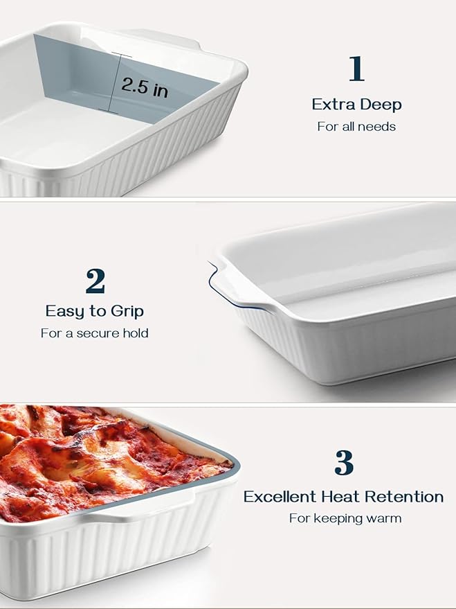 DOWAN Casserole Dish, 9x13 Ceramic Baking Dish, Large Lasagna Pan Deep for Oven, 4.2 Quarts Baking Pan with Handles, Oven Safe and Durable Bakeware for Lasagna, Home Decor, Wedding Gift, Soft White