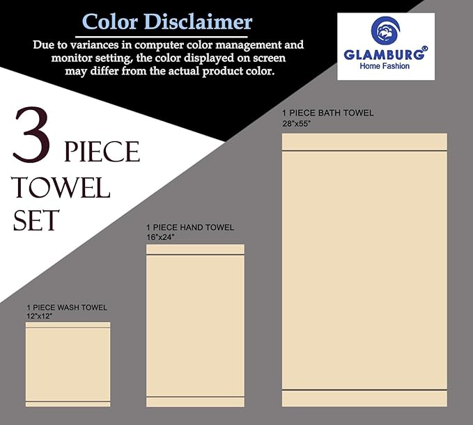 GLAMBURG Ultra Soft 3 Pack Cotton Towel Set, Contains a Bath Towel 28x55 inch, a Hand Towel 16x24 inch & a Wash Coth 12x12 inch, Ideal Everyday use, Compact & Lightweight - White