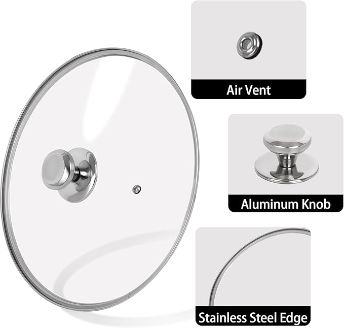 10.25 inch Tempered Glass Lid for Pots, Frying Pans and Skillets, Replacement Cover with Stainless Steel Knob Handle, Dishwasher Safe