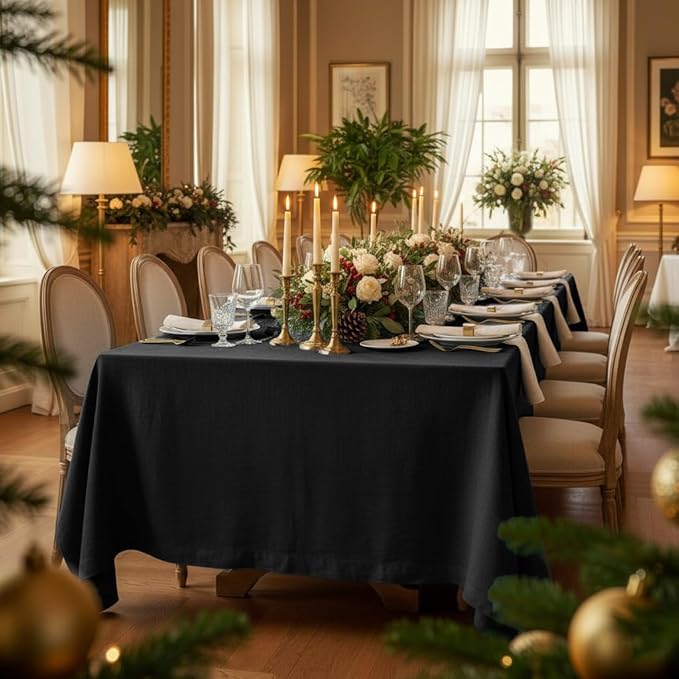 D'Moksha Homes Black Linen Tablecloth 60 x 156 Inch - 100% Pure Linen Tablecloth for Rectangle Tables - Machine Washable Table Cloth for Winter, Christmas, Holiday, New Year
