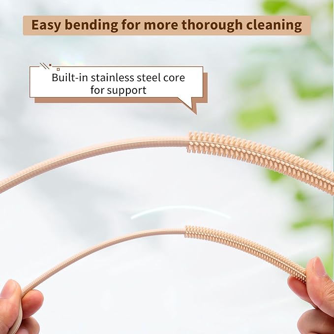 Silicone Straw Cleaner Brush, 2Pcs Reusable Straw Brush Extra Long for Cleaning Tumbler with Handle and Glass Metal Smoothie Straws, Non-slip Handle Soft and Bendable, 6mm+9mm (Khaki)