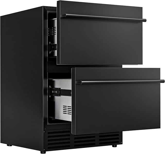 24 Inch Under Counter Fridge, Outdoor Refrigerator with Dual Drawers, Stainless Steel Door, Fast Cooling, Low Noise, Grid Organizers, Drawer Fridge for Home, Outdoor & Commercial (Black)