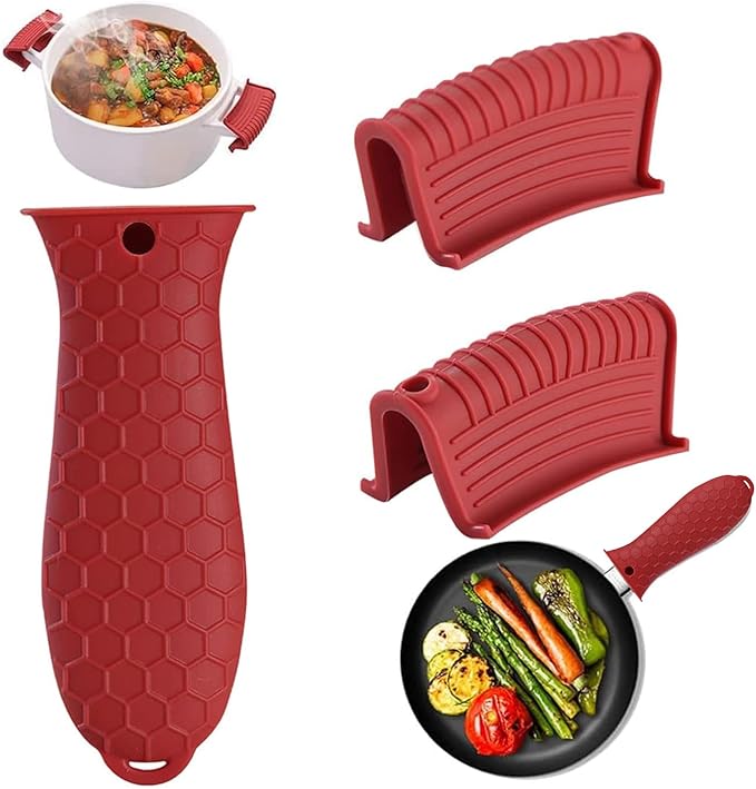 3 Pack Silicone Cast Iron Skillet Handle Cover - Heat Resistant Pot Handle Sleeve Grip for Frying Pans, Griddles, Dutch Ovens & Baking Sheets (Red)