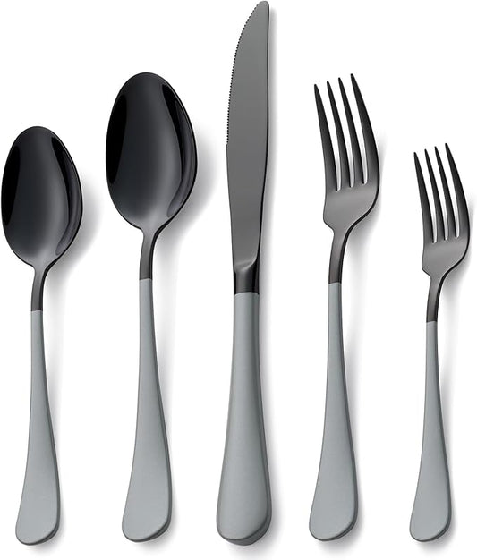 20 Piece Black gray 18/0 Flatware Utensil Set for 4, Include Dinner Knife,Dinner Forks,Dinner Spoons,Salad Forks,Teaspoons,Silverware Set for 4, Dishwasher Safe