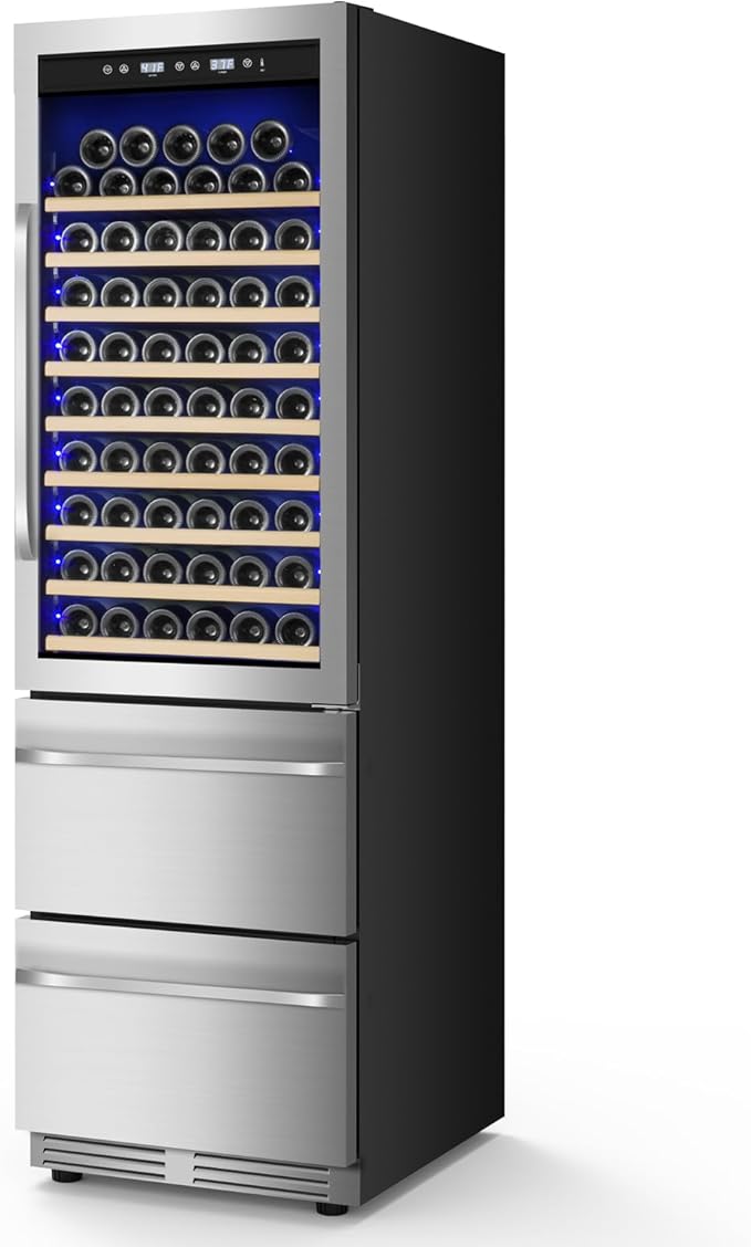 24 Inch Wine and Beverage Refrigerator, 2 IN 1 Dual Zone Drawer Beverage Fridge Wine Cooler, Built-in or Freestanding Beverage Cooler with Powerful Compressor, Holds 108 Bottles and 150 Cans