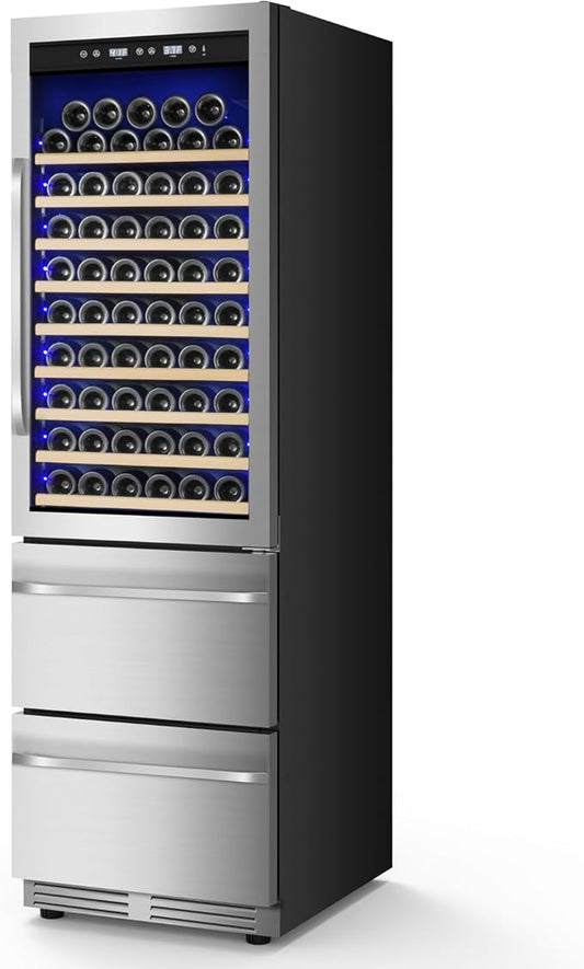 24 Inch Wine and Beverage Refrigerator, 2 IN 1 Dual Zone Drawer Beverage Fridge Wine Cooler, Built-in or Freestanding Beverage Cooler with Powerful Compressor, Holds 108 Bottles and 150 Cans
