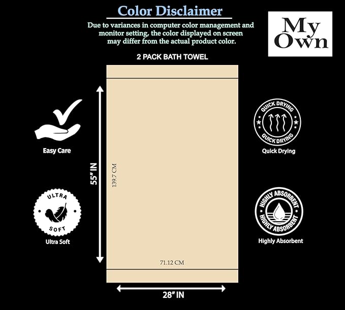 MyOwn Cotton 2 Pack Oversized Bath Towel Set 28x55 inches, Large Bath Towels, Ultra Absorbant Compact Quickdry & Lightweight Towel, Ideal for Gym Travel Camp Pool - Charcoal Grey