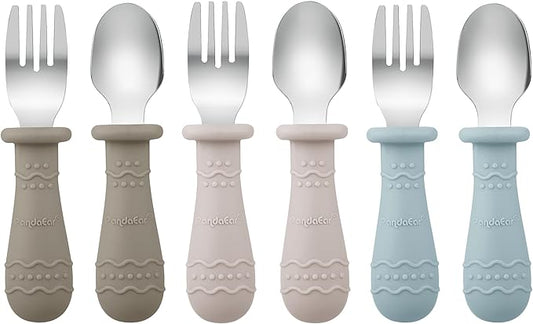 PandaEar Toddler Utensils, 6 Pack Kids Spoons and Forks, 18/8 Stainless Steel & Food Grade Silicone Children Silverware Set, Dishwasher Safe (Light Tan/Walnut/Blue)