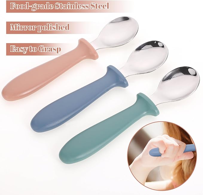 Pimoys 6-Pack Stainless Steel Toddler Spoons Baby & Kids Utensils for Self-Feeding Plastic Handle Dishwasher Safe