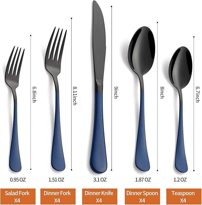 20 Piece Black Blue 18/0 Flatware Utensil Set for 4, Include Dinner Knife,Dinner Forks,Dinner Spoons,Salad Forks,Teaspoons,Silverware Set for 4, Dishwasher Safe