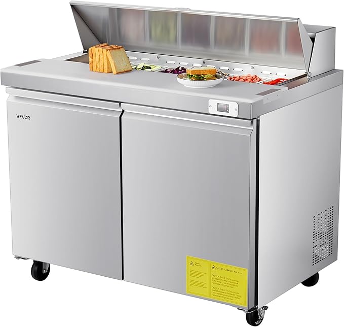 VEVOR 48"W Commercial Refrigerator, 12.5 Cu. Ft Sandwich Prep Refrigerated Table, Mega Top Food Prep Fridge with 12 Pans and Cutting Board, Stainless Steel Salad Prep Cooler for Restaurant, Food Truck