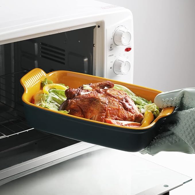 Sweejar Baking Pans Set, Ceramic 9x13 Baking Dish with Handle, Rectangular Casserole Dishes for Oven, Bakeware Sets of 3, Durable Lasagna Pan Deep for Kitchen, Banquet, Wedding Gift(Blue & Yellow)