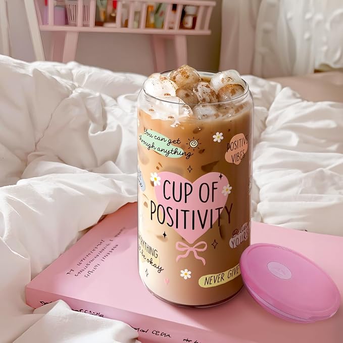 SANDJEST Inspiration Gifts - Glass Tumbler 16oz with Acrylic Lid and Straw - Iced Coffee Cups for Women, Aesthetic Glass Cup Gift for Birthday Christmas