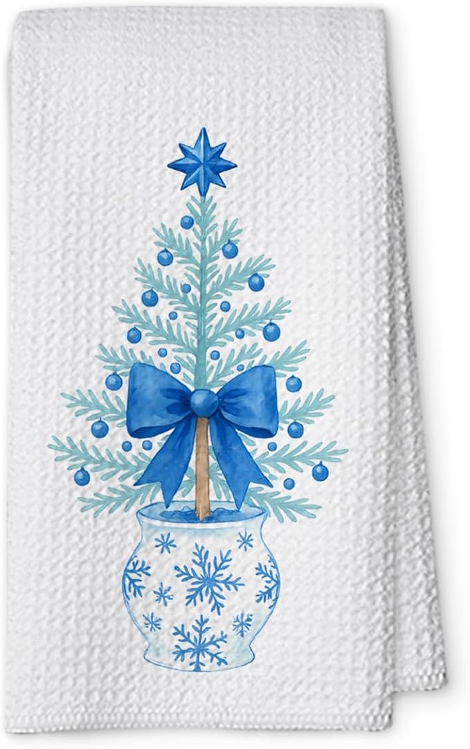 1PCS Bule Xmas Chinoiserie Christmas Kitchen Hand Towels,Blue and White Porcelain Decorative Dish Tea Towel,Bow Chinoiserie Decor for Bathroom, for Women,16x24inch -A02