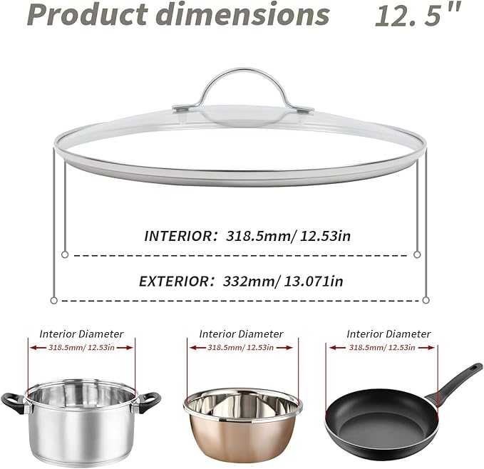 12.5" Tempered Glass Pan Lid with Steam Vent, Thickened to 4mm and Dishwasher Safe and Oven up to 480℉, Universal Lid Fit for Cast Iron Skillets, Frying Saute Pan, Cooking Pot