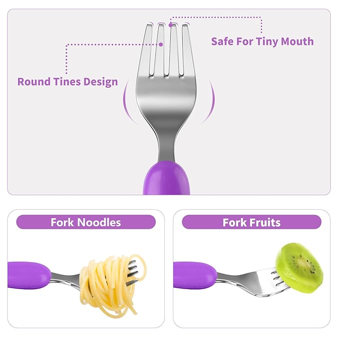 Lehoo Castle 6 Pieces Toddler Utensils, Kids Silverware for 2 3 4 Years Old, Stainless Steel Fork and Spoon Set with Plastic Handle, Safe Toddler Cutlery (Pink＆Purple)