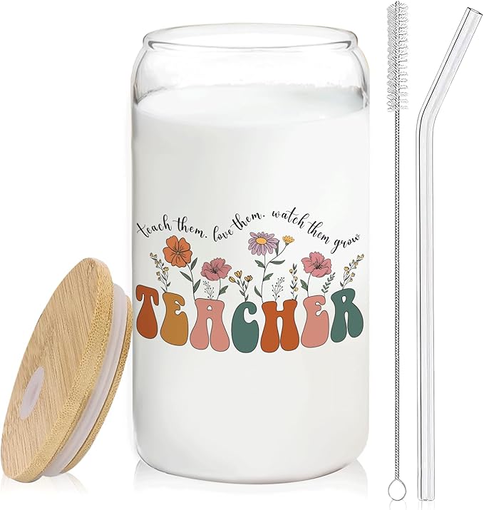 Teacher Glass Cup with Lids and Straws 14oz, Back to School Teacher Gifts, Teachers Appreciation Gift for Women Glass Iced Coffee Tumbler Drinking Jars with Cleaning Brush