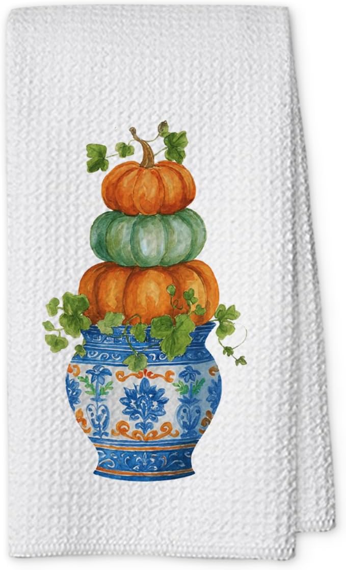 Chinoiserie Fall Pumpkin Hand Towels for Kitchen Decor,1PCS Blue and White Porcelain Thanksgiving Tea Dish Towel,Farmhouse Pumpkin Decor for Bathroom,Anthropology Autumn Gifts for Women-B04