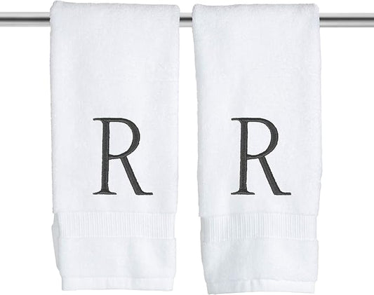 White and Black Monogrammed Hand Towel - Monogram Initial Hotel Quality Decorative Embroidered Luxury Towel for Powder Room, Spa - GOTS Organic Certified - Set of 2 Letter R