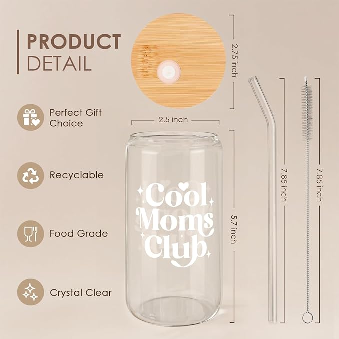 SANDJEST Mom Glass Can, Cool Mom Club Cup with Lid & Straw, Iced Coffee Aesthetic Cups, Idea Gift for Christmas Birthday Mother Day, Gifts for Women, 16oz