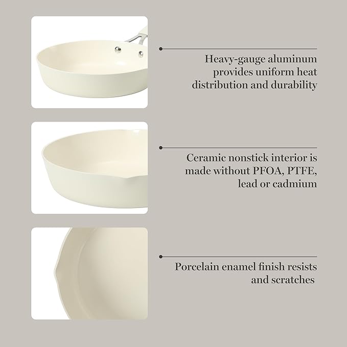 Martha Stewart Heathland 9.5 Inch Aluminum Cookware Non-Toxic Premium Ceramic Non Stick Frying Pan, Kitchen Egg Pan, Omelet, Pots and Pans, Linen White, Induction Safe