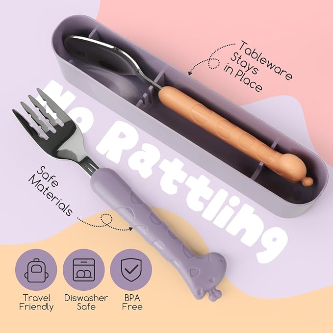Stainless Steel Travel Kid Cutlery Set with Portable Case, Safe Toddler Spoon and Fork Set for Self-Feeding, Ideal Toddler Utensil Set for School Lunch, Travel, & Outdoors, Dishwasher Safe (Purple)