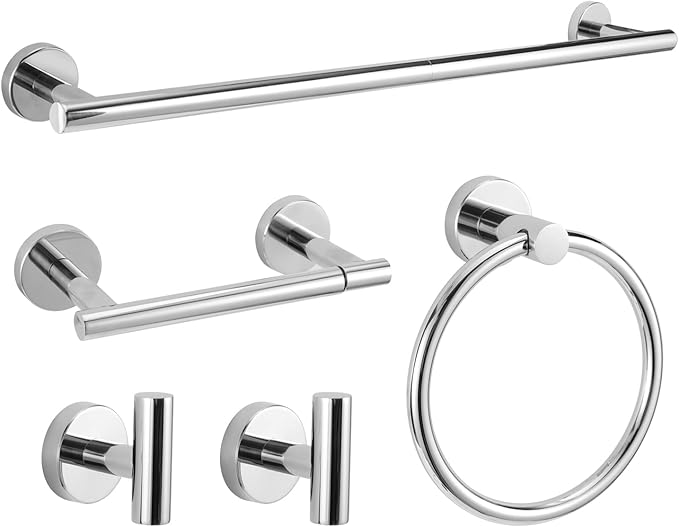 5-Piece Towel Racks for Bathroom, Stainless Steel Bathroom Accessories Set, Bathroom Towel Holder Wall Mounted, Sturdy Bath Towel Bar Set Bathroom Hardware Set (Chrome, 2 Pillar Paper Holder)