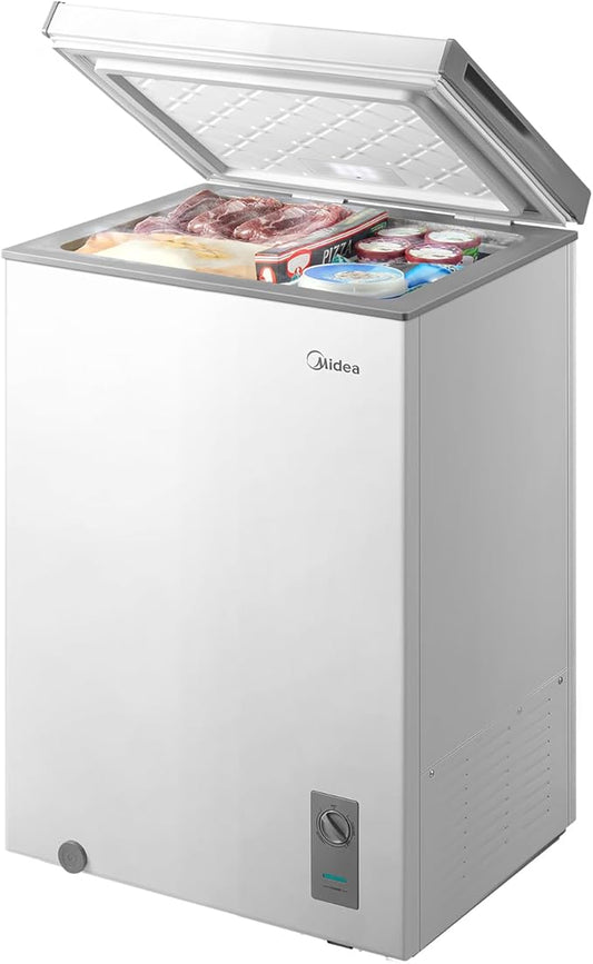 Midea MERC04C4BAWW Chest Freezer, 3.5 Cubic Feet Freezer With Removable Basket, Interior LED Light, Adjustable Temperature, For Kitchen Apartment Office, White