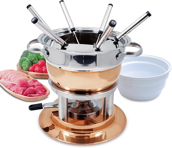 Swissmar Lausanne 11-Piece Copper Plated Fondue Set - Ideal for Cheese & Chocolate Fondue, Oil & Broth Cooking - Perfect for Kitchen Collection & Wedding Gifts - 1.8 Liter / 1.9 Quarts