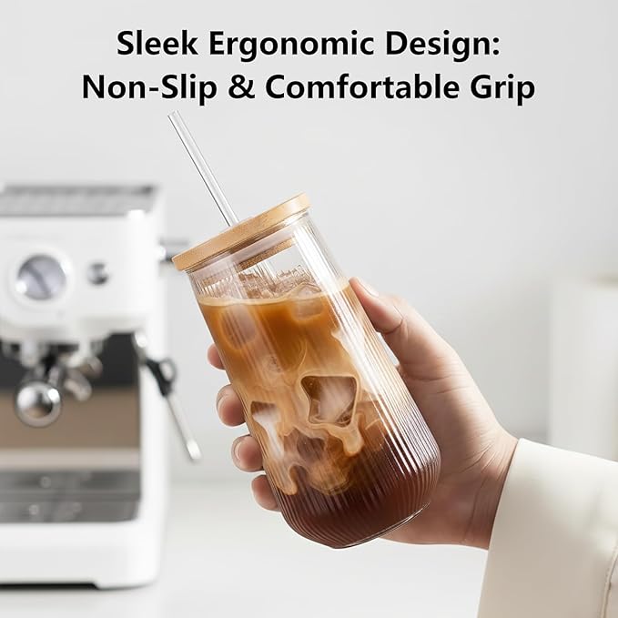 Ruckae Borosilicate Glass Cups with Lids and Straws,16oz Reusable Iced Coffee Cup with Lid Glass Cups 4 Pack for Coffee Bar Accessories,Smoothie,Juice,Durable Clear Tumbler Cups for Home,Office,Travel