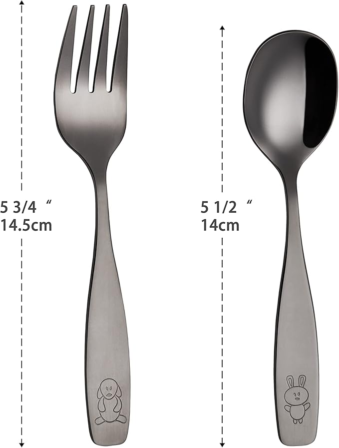 ANNOVA Kids Silverware Children's Safe Flatware Set Stainless Steel - Children Forks, Children Tablespoons, Toddler Utensils, Metal Cutlery Set for LunchBox (Black Gold, 6)
