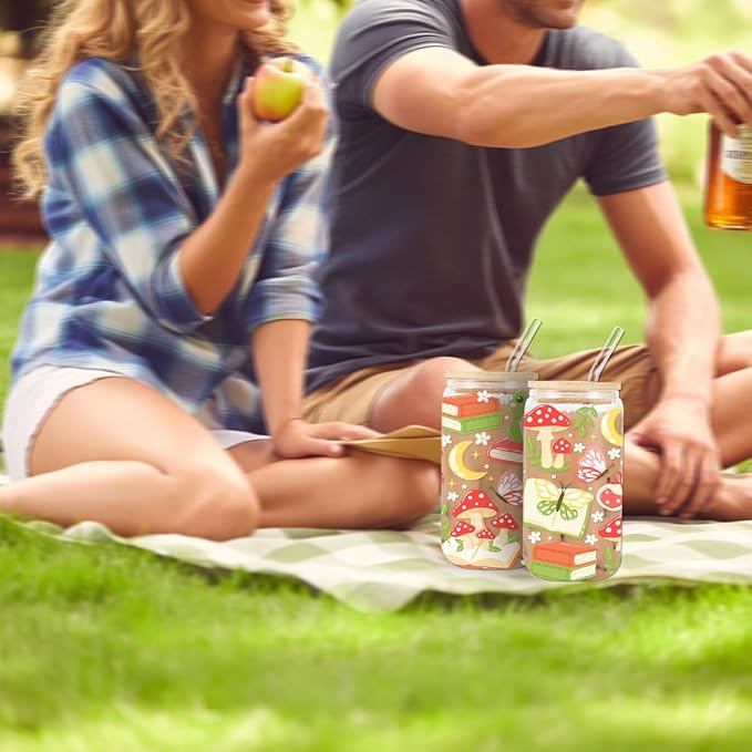 Whimsical Bookish Forest Iced Coffee Cup, Fantasy Cottagecore Glass Tumbler, 16 oz Cozy Reading Coffee Glass Cup with Lid Straw, Christmas Stocking Stuffers, Enchanted Book Lover Gift