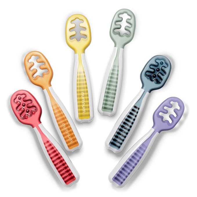 NumNum Baby Spoons Set, Baby Essentials Pre-Spoon GOOtensils for 6+ Months, First Stage Self-Feeding Spoons for Baby Led Weaning (BLW), Silicone Toddler Utensils, BPA-Free, 6 Pack Rainbow