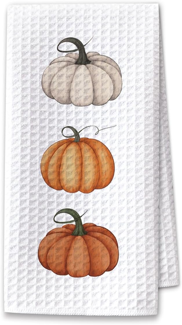 Pumpkin Fall Kitchen Towels, Farmhouse Autumn Dish Hand Towels Microfiber Waffle Weave 16x23.5 Inch, Rustic Thanksgiving Halloween Fall Decor for Kitchen Bathroom-C01