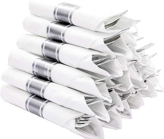 N9R 50 Pack Pre Rolled Silver Plastic Cutlery Set, 50 Forks, 50 Knives, 50 Spoons, 50 Napkins, Disposable Cutlery Set for Party and Wedding