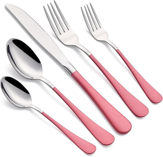 20-Piece Pink Silverware Set 18/0 Stainless Steel Silverware Set Pink Handle Cutlery Set Service for 4 Dinner Knives Forks Spoons Set Flatware Set Finish Dishwasher Safe