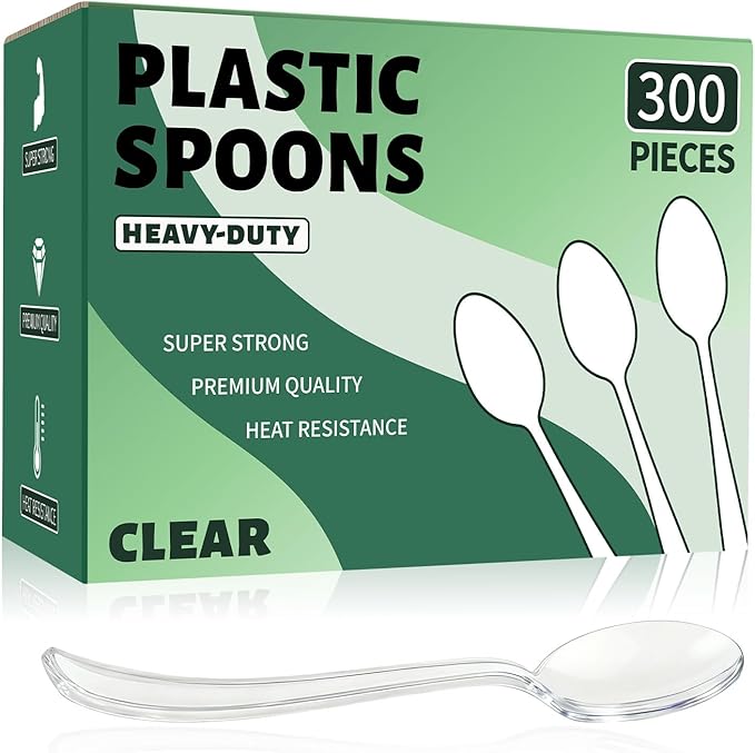 300 Count Clear Plastic Spoons Disposable, Heavyweight Cutlery Sets Solid and Durable Plastic Silverware Utensils for Parties, Events and Everyday Use (Spoons)