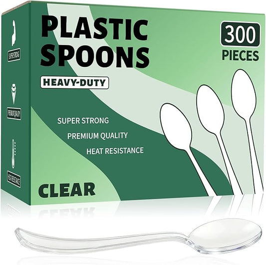 300 Count Clear Plastic Spoons Disposable, Heavyweight Cutlery Sets Solid and Durable Plastic Silverware Utensils for Parties, Events and Everyday Use (Spoons)