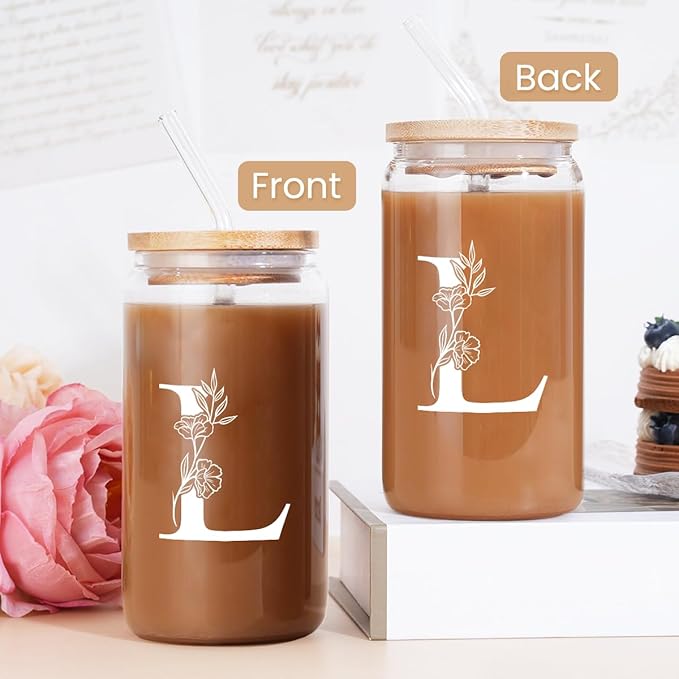 SANDJEST Monogrammed Gifts for Women - Monogram L Initial Glass Cup 16 Oz Can Coffee Cups with Lid and Straw - Monogram Initials Gifts for Womens on Birthday