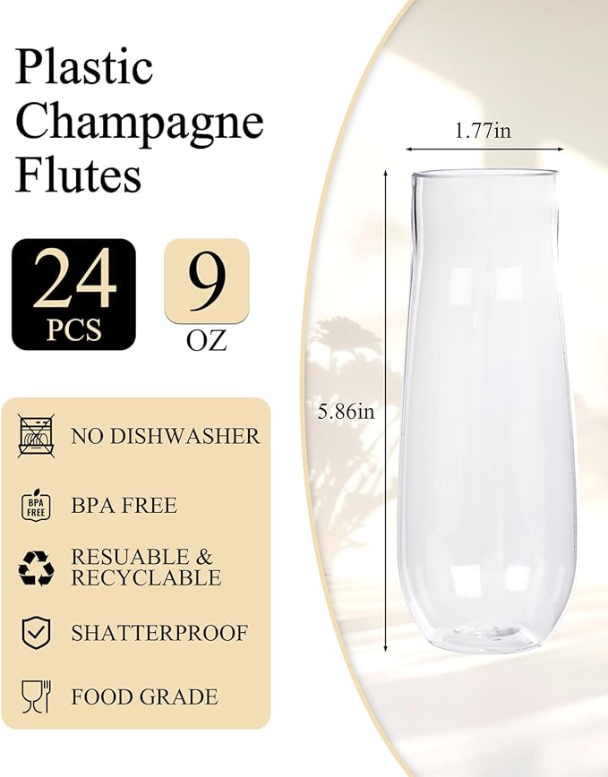 Ciaell 24 Pack Plastic Champagne Flutes - 9 Oz Disposable Champagne Glasses - Stemless Mimosa Glass for Parties & Weddings & Birthdays & Christmas
