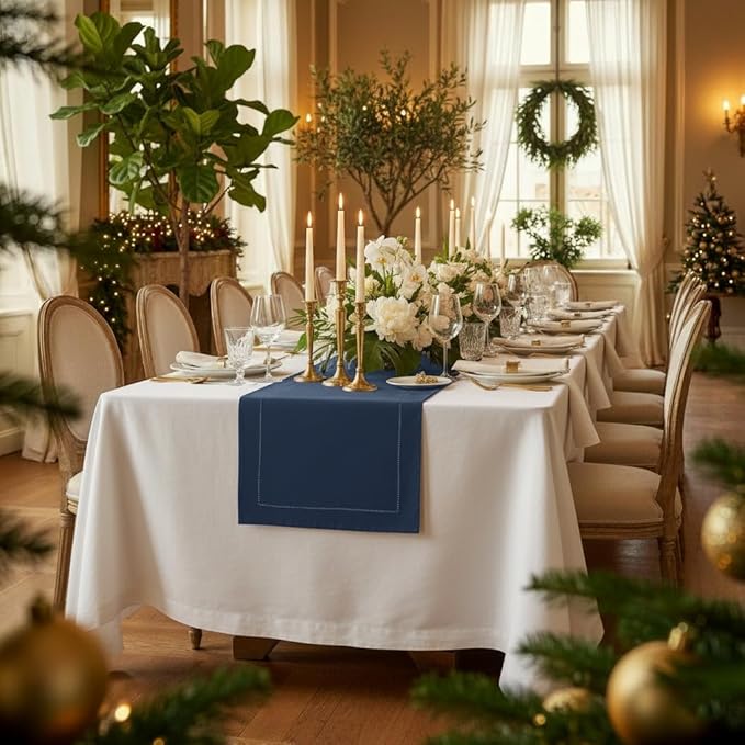 D'Moksha Homes Linen Navy Blue Table Runner 120 Inches Long - 100% Pure Linen Hemstitch 14 x 120 Inch Table Runner for Dining, Winter, Holiday, New Year - Classic Hemstitch