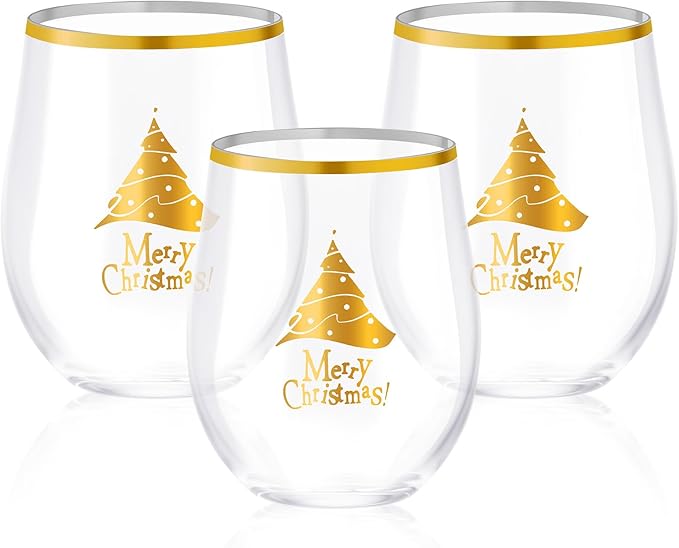SUT Plastic Wine Glasses, Plastic Christmas Wine Glasses, Plastic Cups, Disposable Wine Glasses, Disposable Cups, 12oz Gold Plastic Wine Glasses for Christmas(24PCS)
