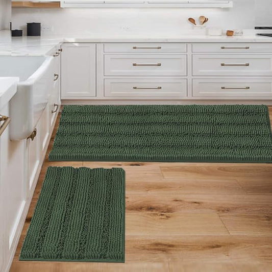 H.VERSAILTEX Bathroom Rugs Bath Mats Sets Super Absorbent Chenille Striped Bath Mats Non Skid Machine Wash Dry Rugs for Bathroom Floor Set of 2(Bronze Green, 47 x 17 Plus 17 x 24 - Inches)