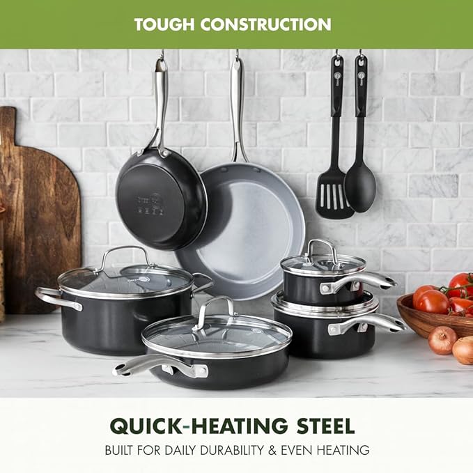 GreenPan 12 Piece Nonstick Swift Cookware Set, Ceramic PFAS-Free Pots & Pans with Lids, Dishwasher & Oven/Broiler Safe to 600F, Kitchen Cooking Set, Sauce, Saute, Stock, Frying Pans, Gray