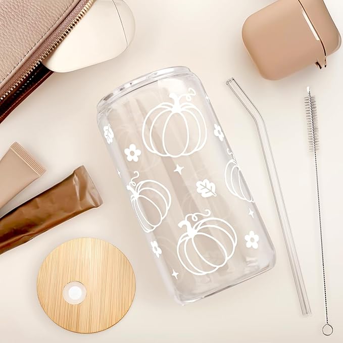 Pumpkin 16oz Can Glass Tumbler with Acrylic Lid & Straw, Iced Coffee Cup for Women Girls, Fall Aesthetic Cups Gifts