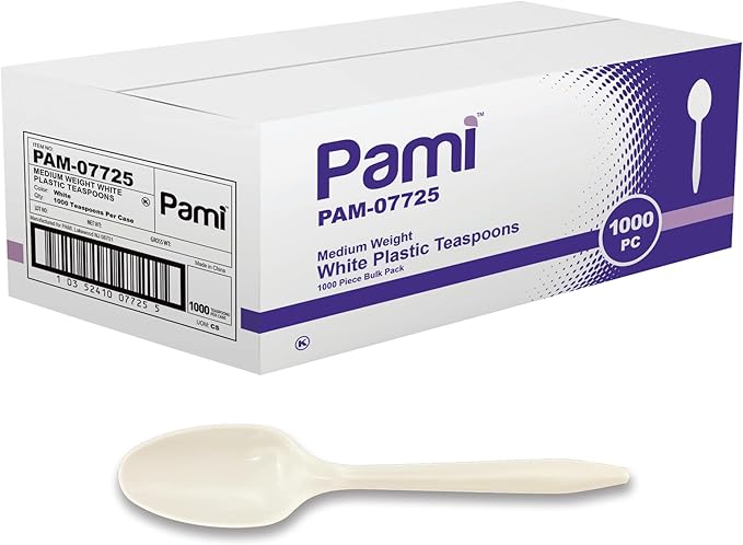 PAMI Bulk Plastic Spoons 1000 Count Disposable Medium Weight Sturdy Cutlery for Parties and Catering (Teaspoons Teaspoons White)