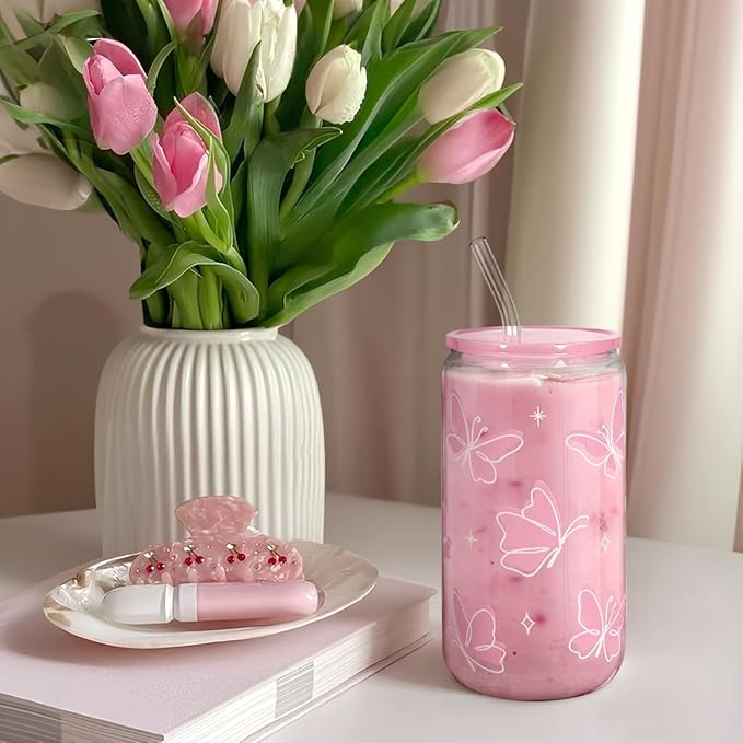 Butterfly 16 Oz Can Glass Tumbler with Acrylic Lid and Straw - Iced Coffee Cups for Women, Aesthetic Glass Cup Gift for Birthday Christmas