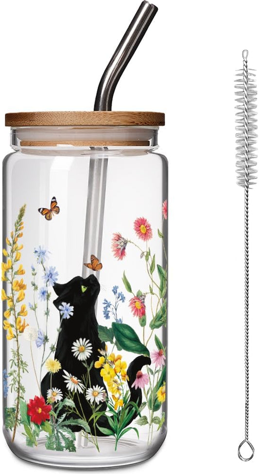 Black Cat Vintage Flowers Cute Glass Cup Gift for Women, Birthday Present for Mom, Girls, Best Friend, Bestie - Cat Lover Gifts for Her, Christmas Cup