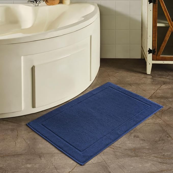 Hawmam Linen Royal Blue Bath Mats, 21 x 34 inches, Pack of 2-100% Ring Spun Cotton,[Not a Bathroom Rug] Banded Design, Highly Absorbent, Machine Washable for Bathroom Floor Towel